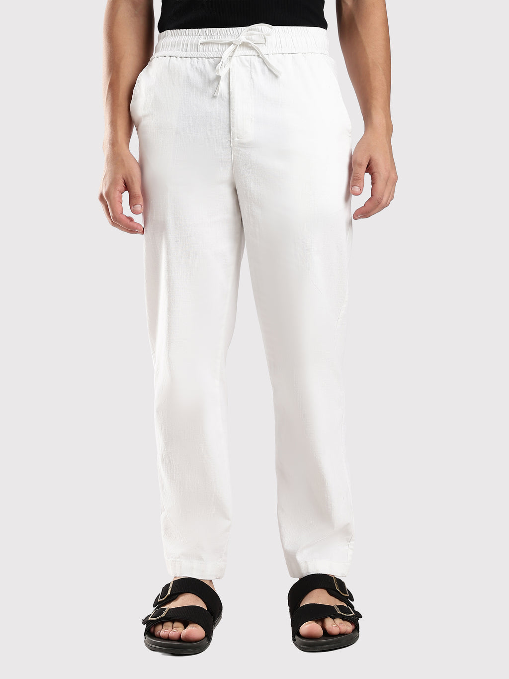 Dredge Men's White Linen Blend Relaxed Fit Casual Trousers