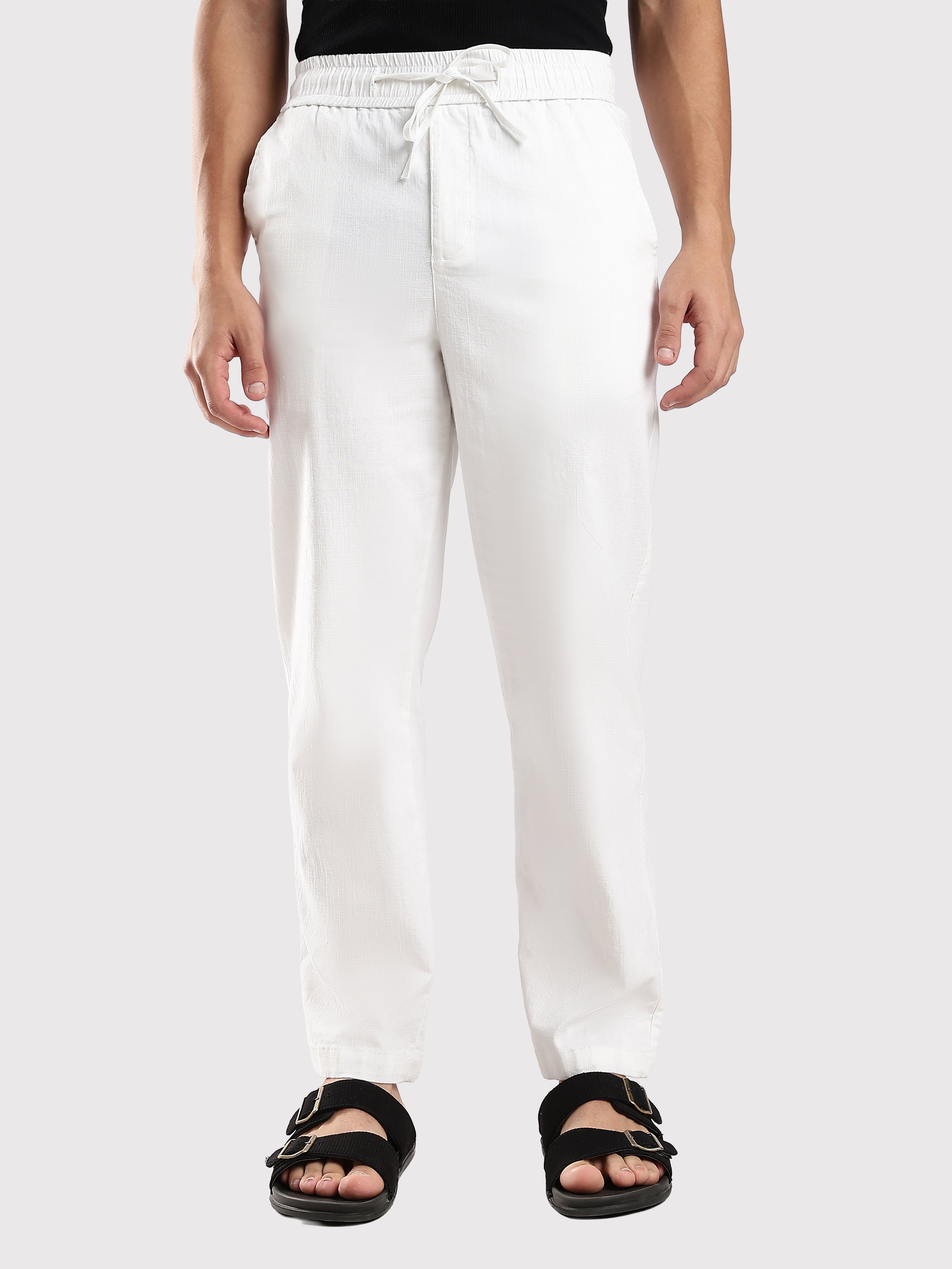Dredge Men's White Linen Blend Relaxed Fit Casual Trousers