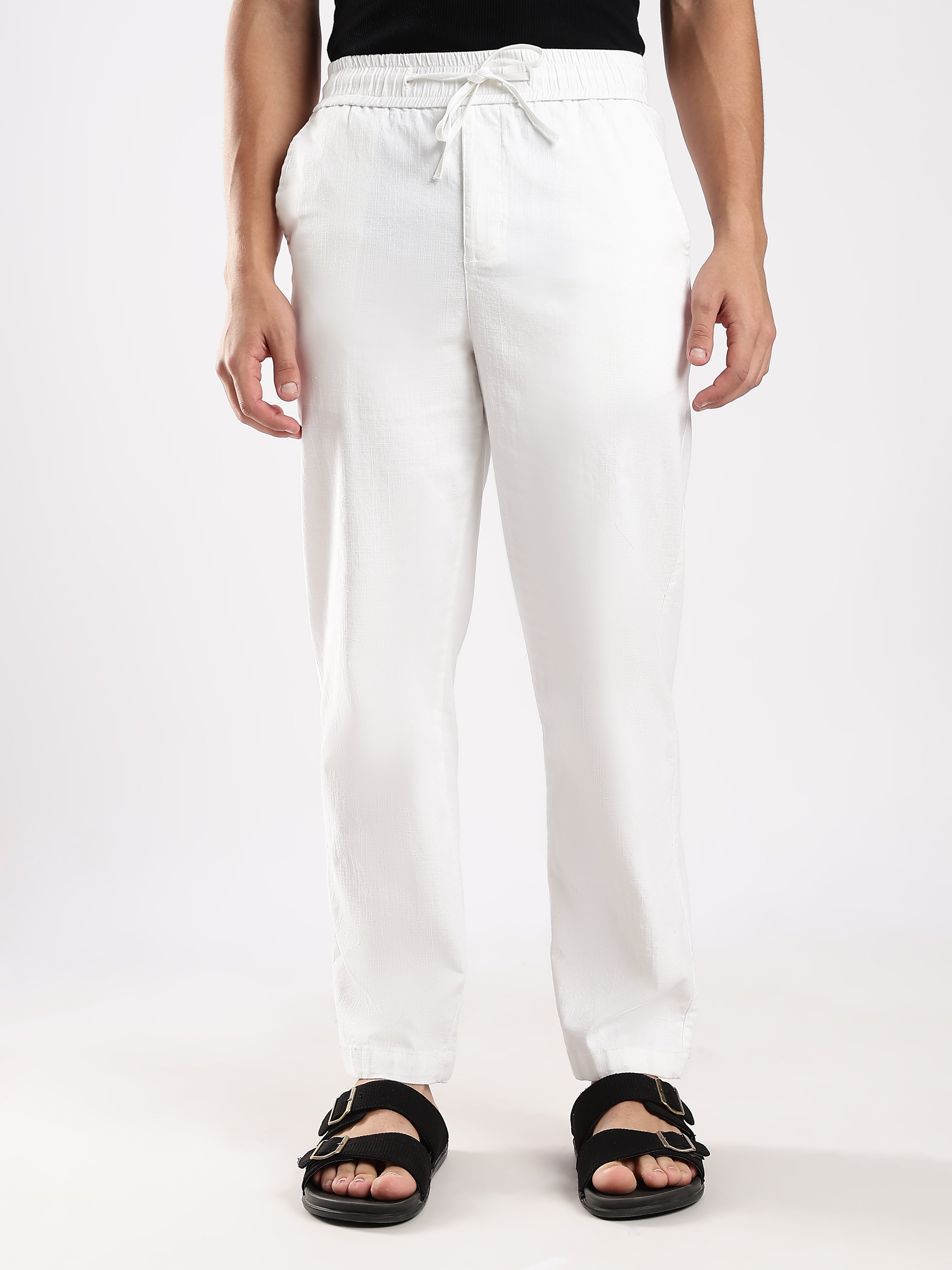 Dredge Men's White Linen Blend Relaxed Fit Casual Trousers