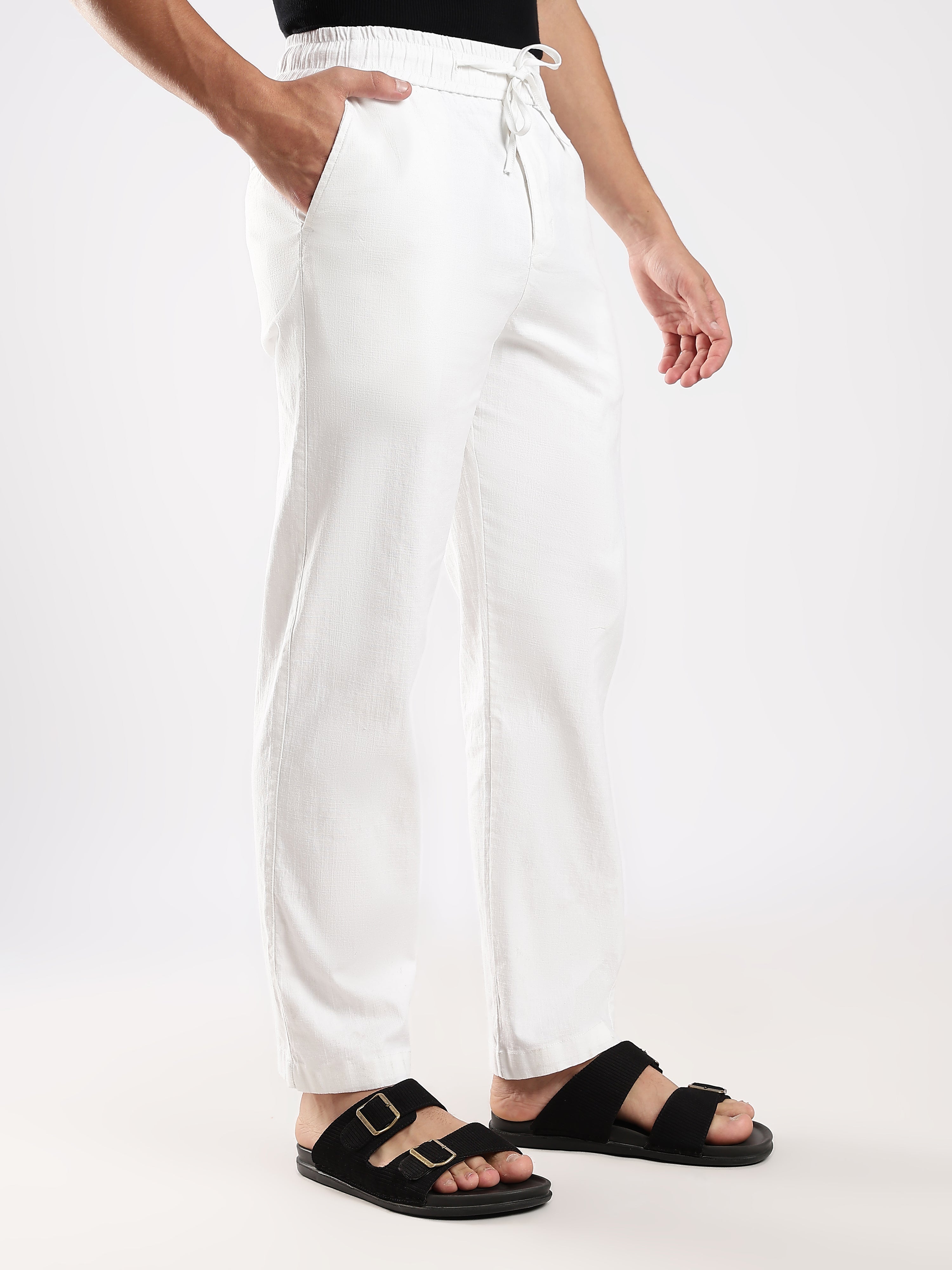 Dredge Men's White Linen Blend Relaxed Fit Casual Trousers