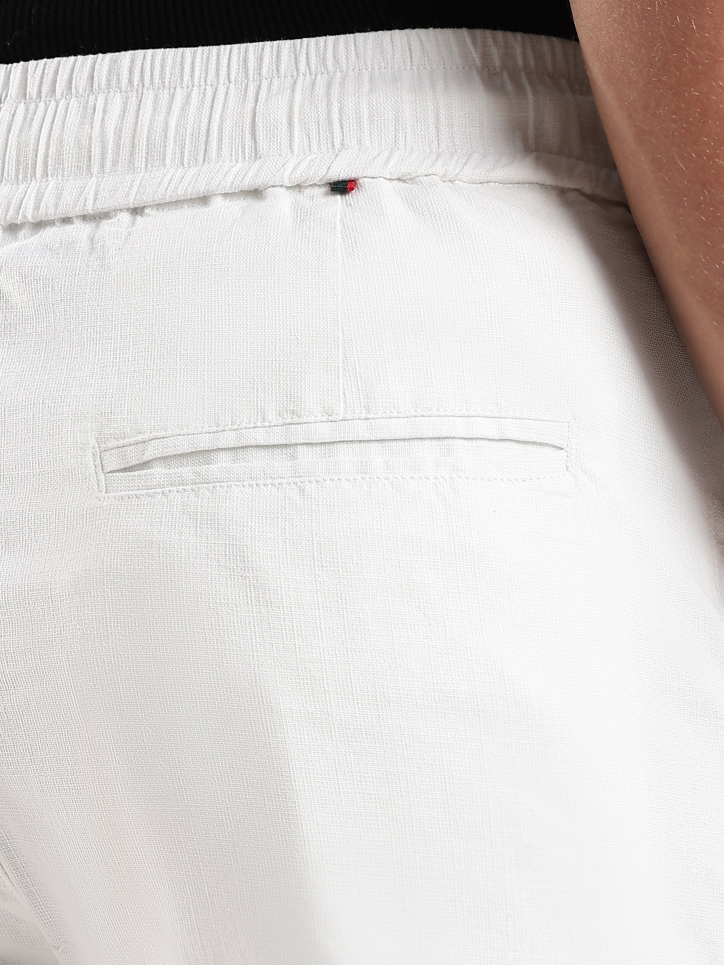 Dredge Men's White Linen Blend Relaxed Fit Casual Trousers