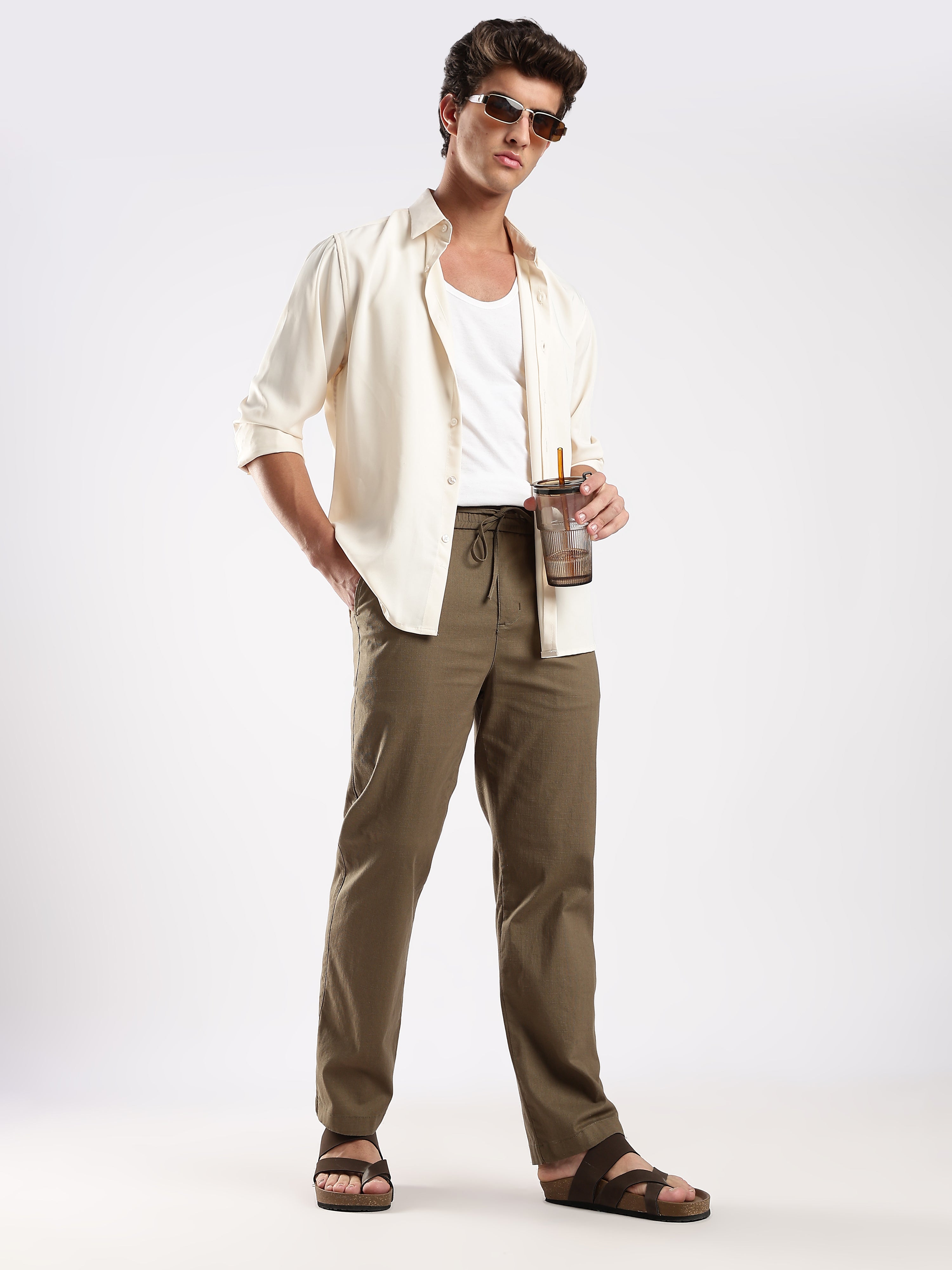 Dredge Men's Olive Green Linen Blend Relaxed Fit Casual Trousers