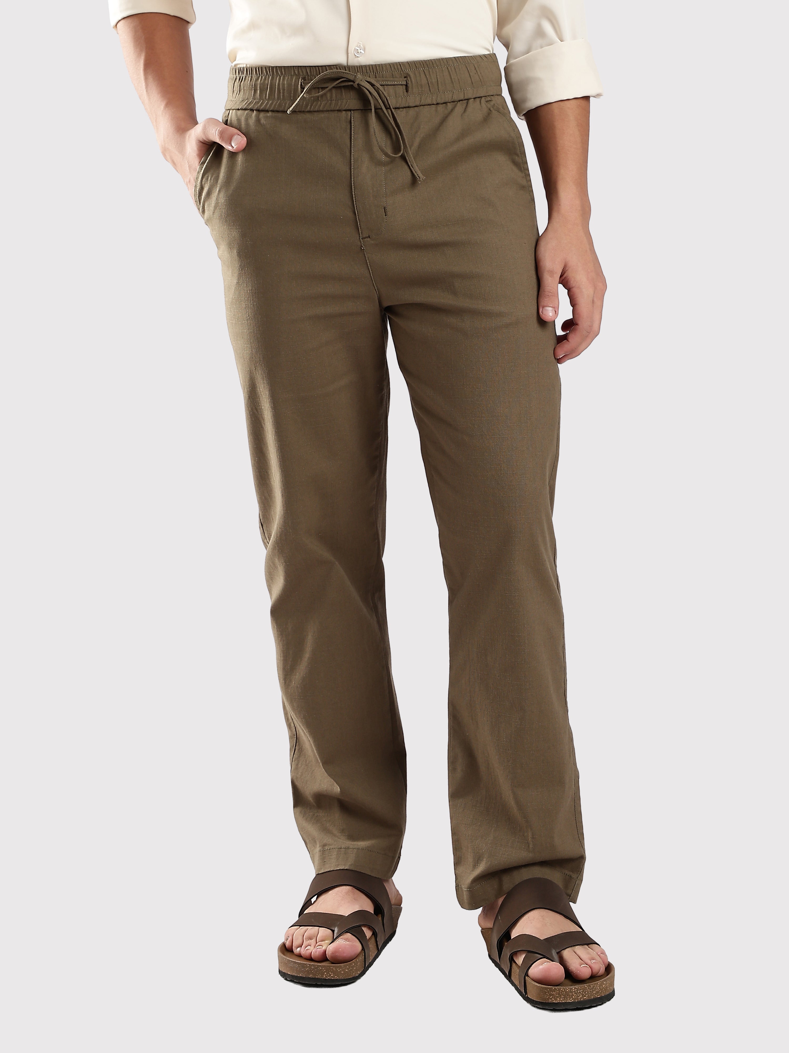 Dredge Men's Olive Green Linen Blend Relaxed Fit Casual Trousers
