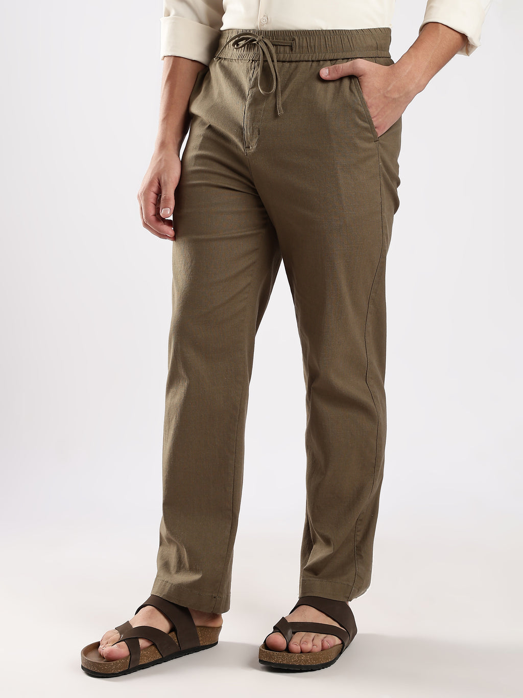 Dredge Men's Olive Green Linen Blend Relaxed Fit Casual Trousers