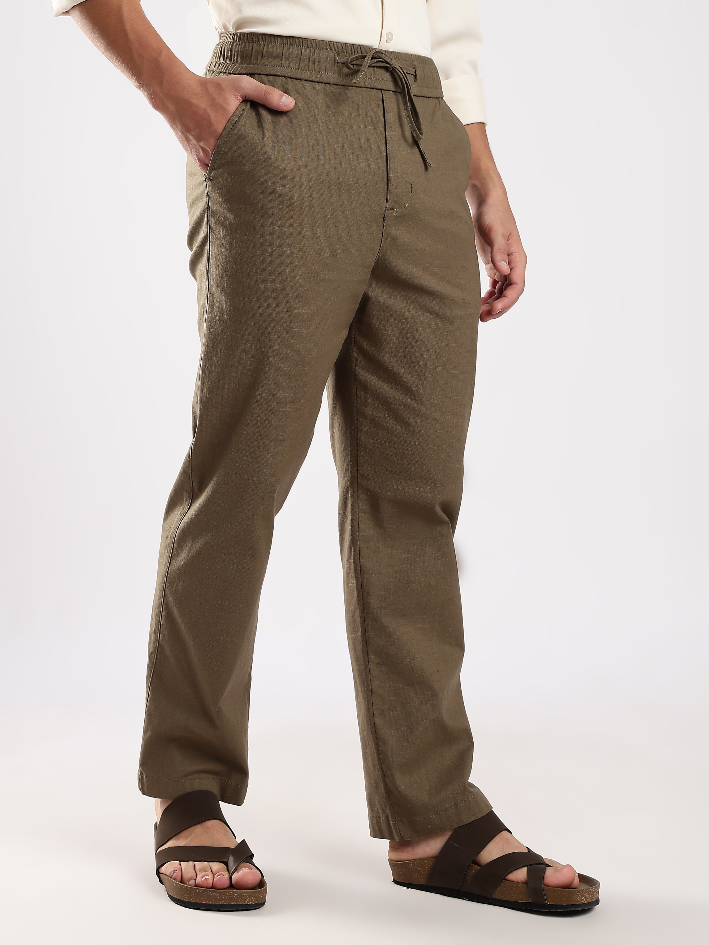 Dredge Men's Olive Green Linen Blend Relaxed Fit Casual Trousers
