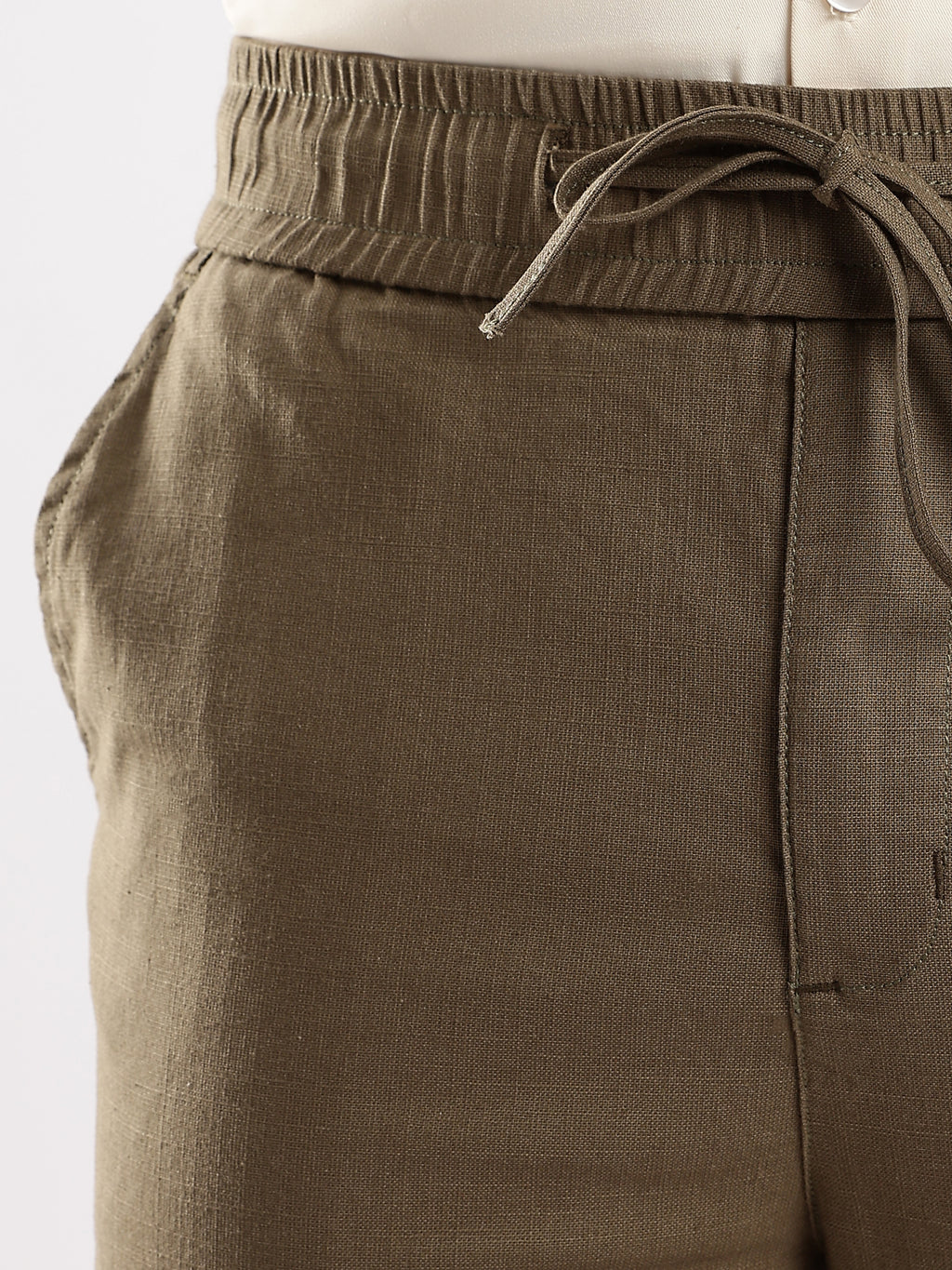 Dredge Men's Olive Green Linen Blend Relaxed Fit Casual Trousers