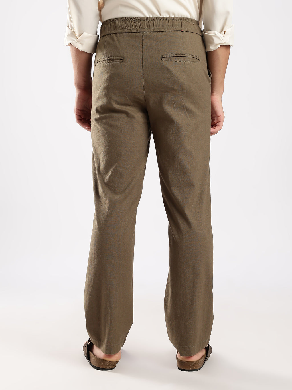 Dredge Men's Olive Green Linen Blend Relaxed Fit Casual Trousers