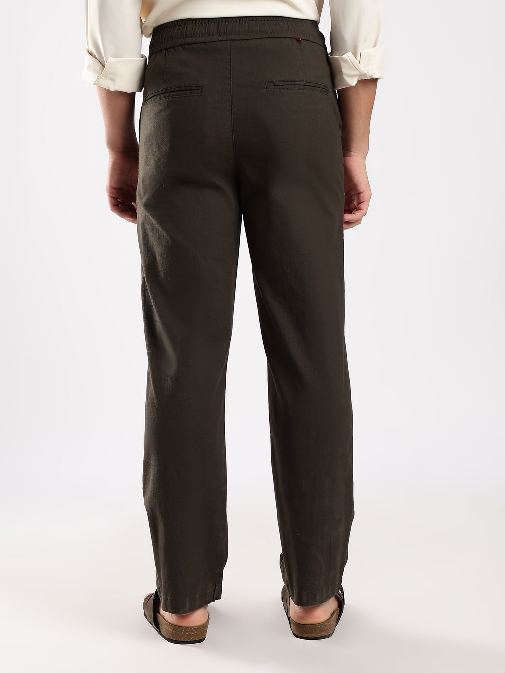 Dredge Men’s Dark Olive Linen Blend Relaxed Fit Casual Trousers