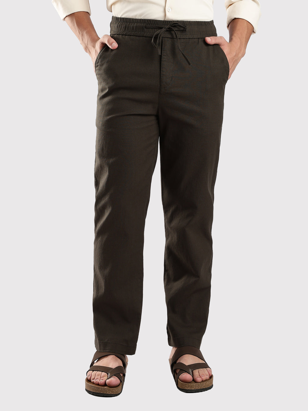 Dredge Men’s Dark Olive Linen Blend Relaxed Fit Casual Trousers