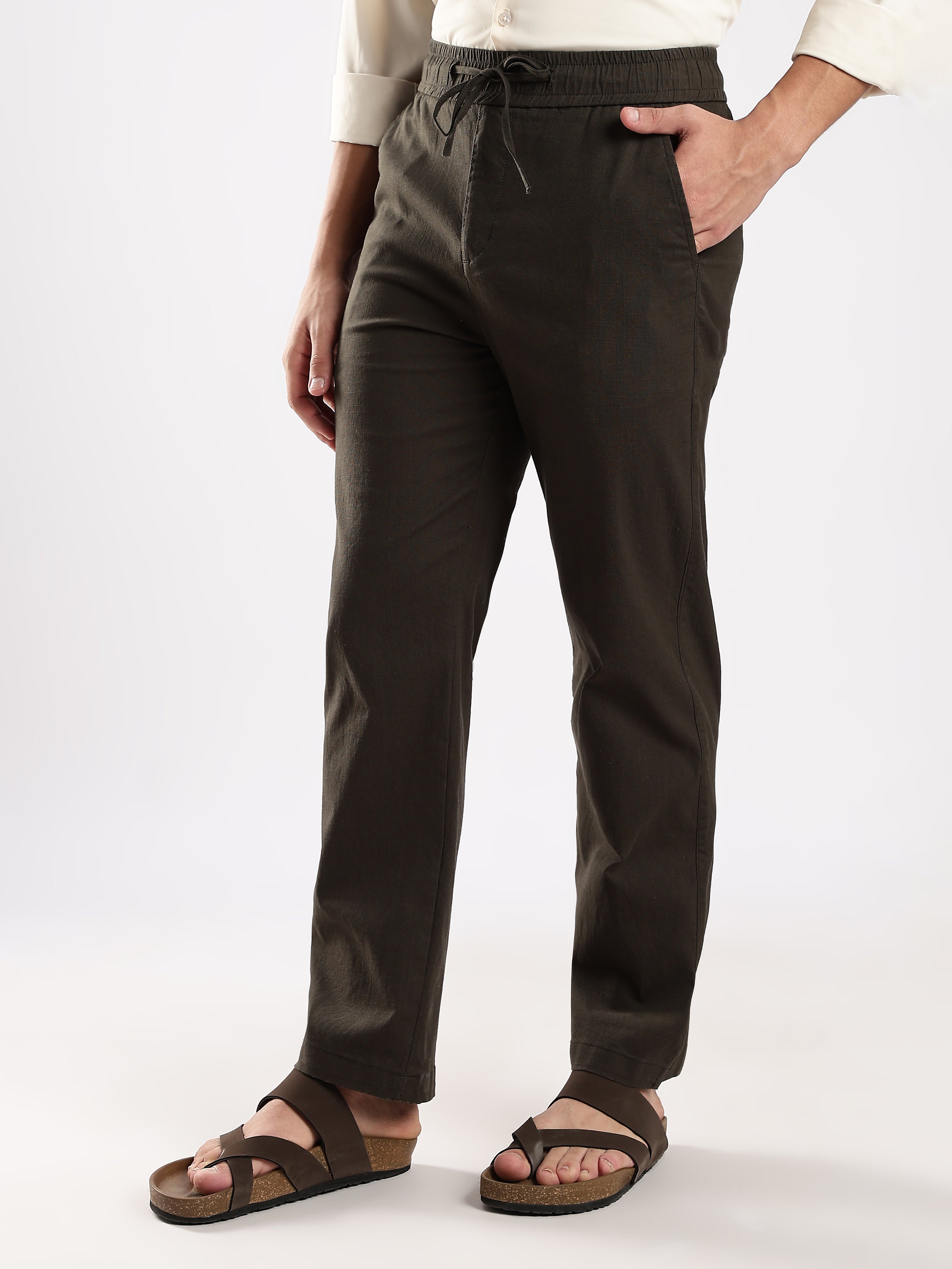Dredge Men’s Dark Olive Linen Blend Relaxed Fit Casual Trousers