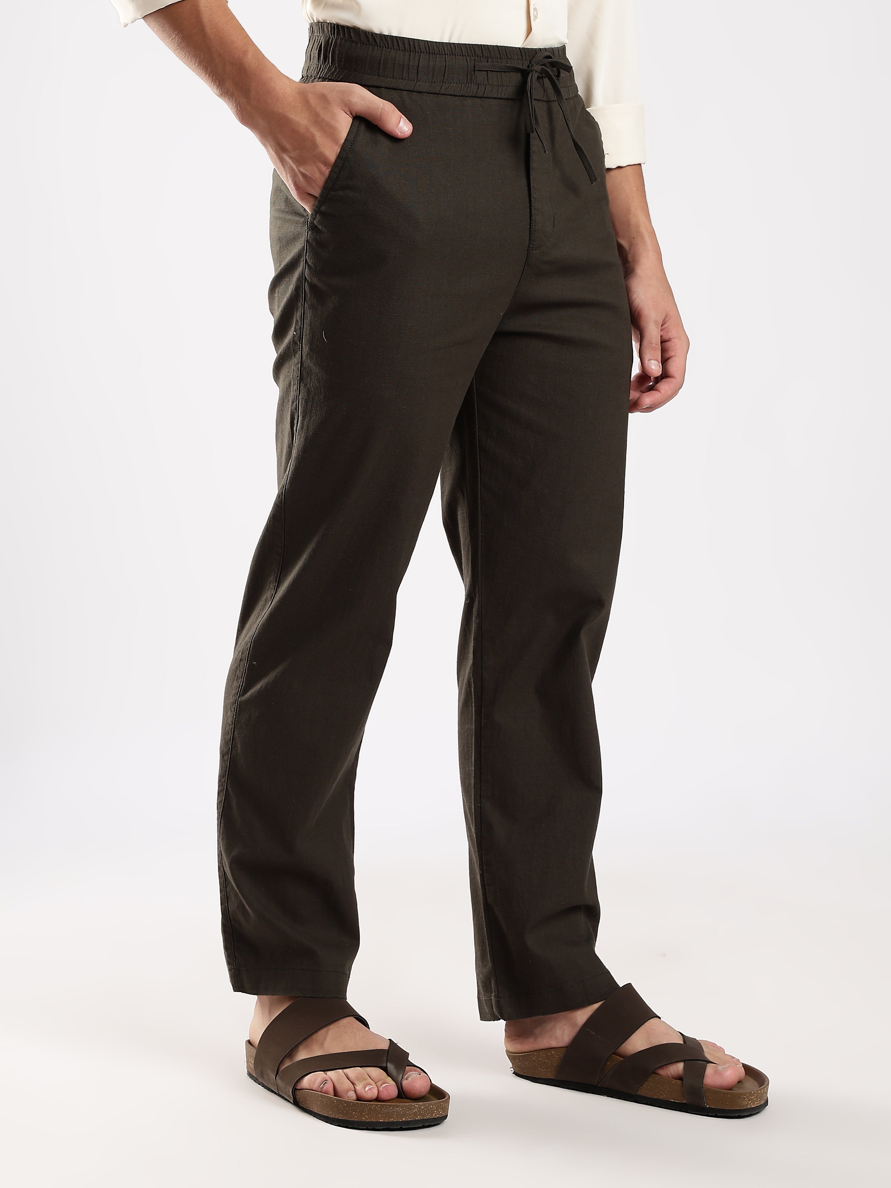 Dredge Men’s Dark Olive Linen Blend Relaxed Fit Casual Trousers