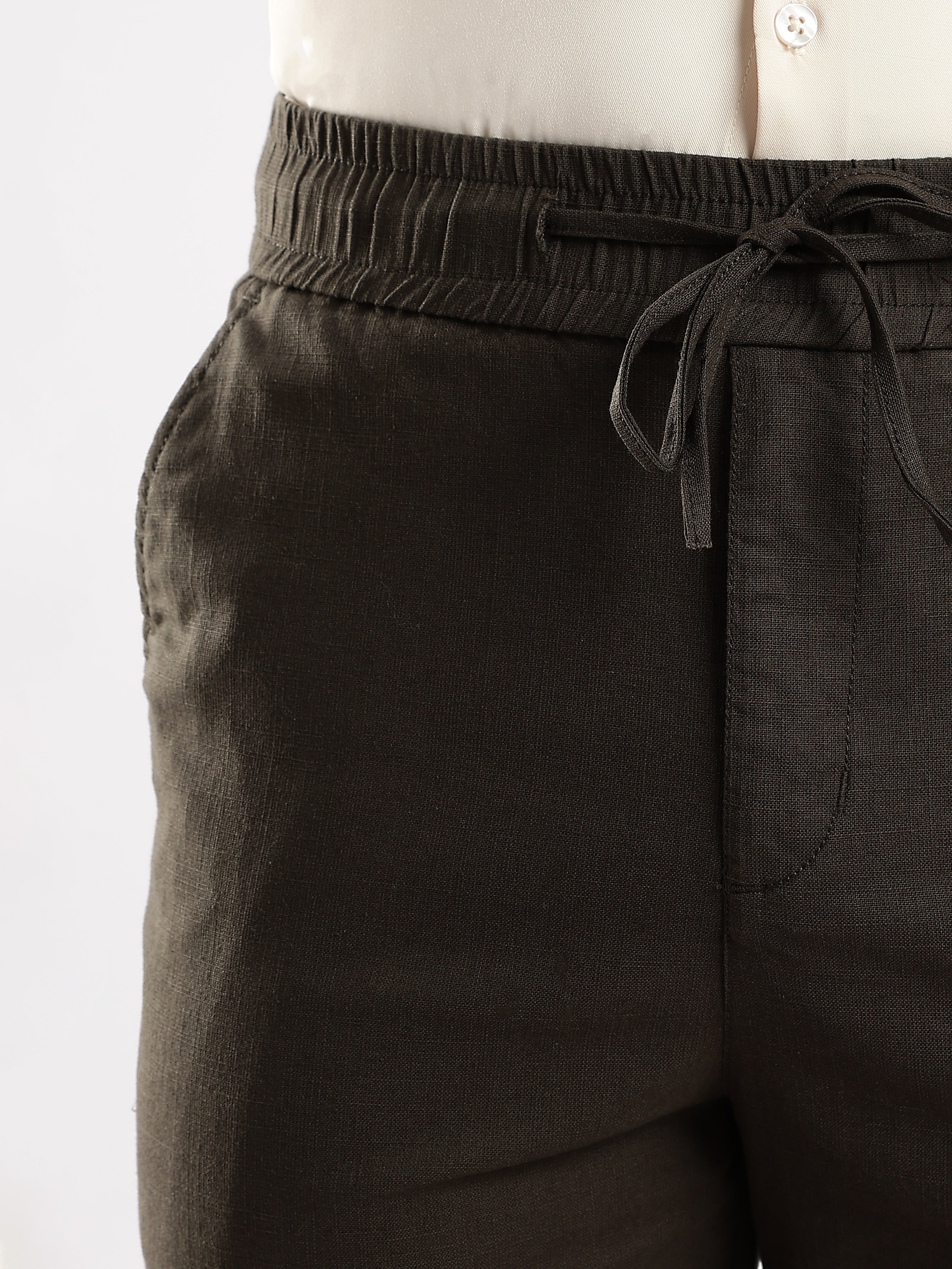 Dredge Men’s Dark Olive Linen Blend Relaxed Fit Casual Trousers