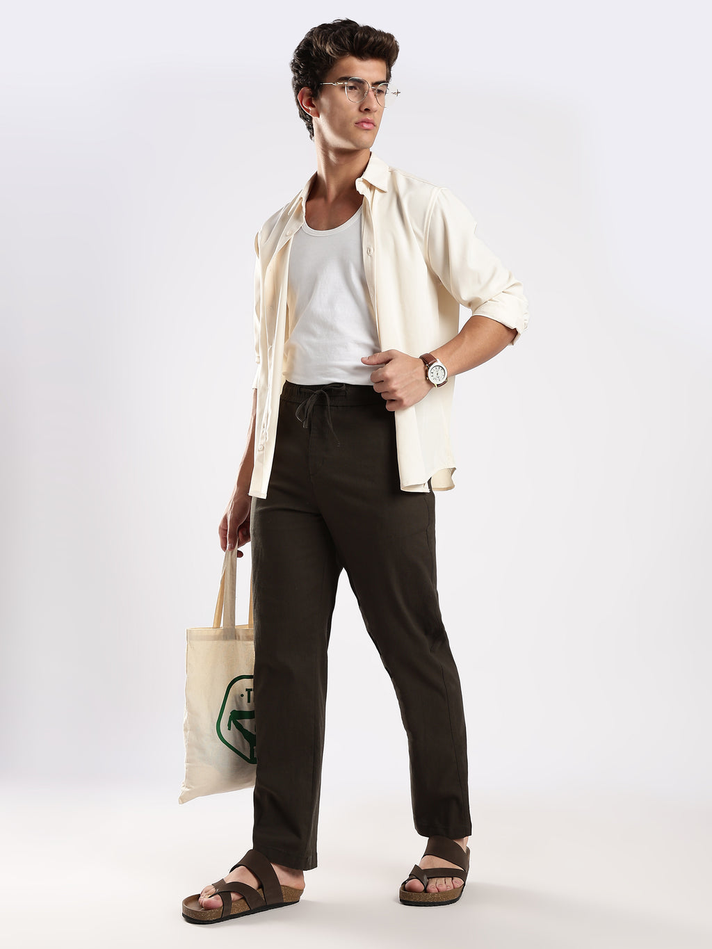 Dredge Men’s Dark Olive Linen Blend Relaxed Fit Casual Trousers