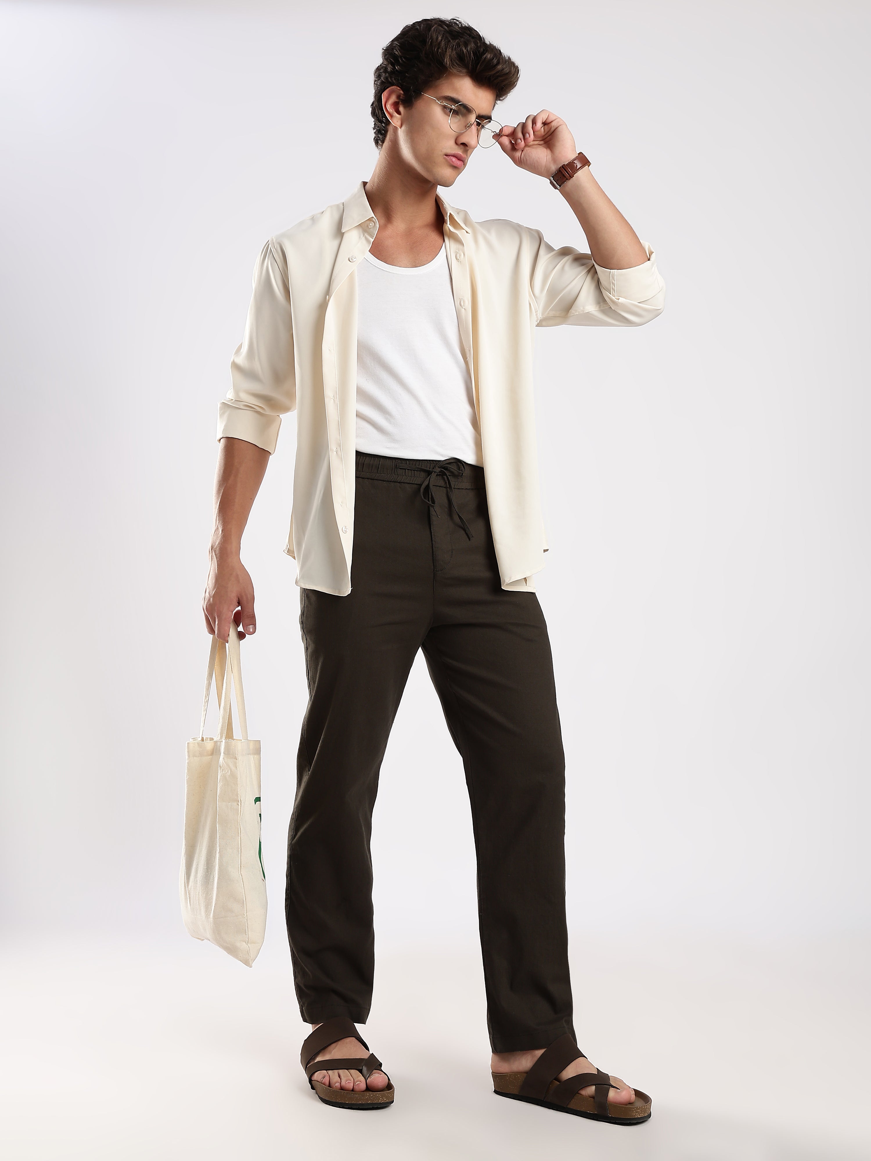 Dredge Men’s Dark Olive Linen Blend Relaxed Fit Casual Trousers