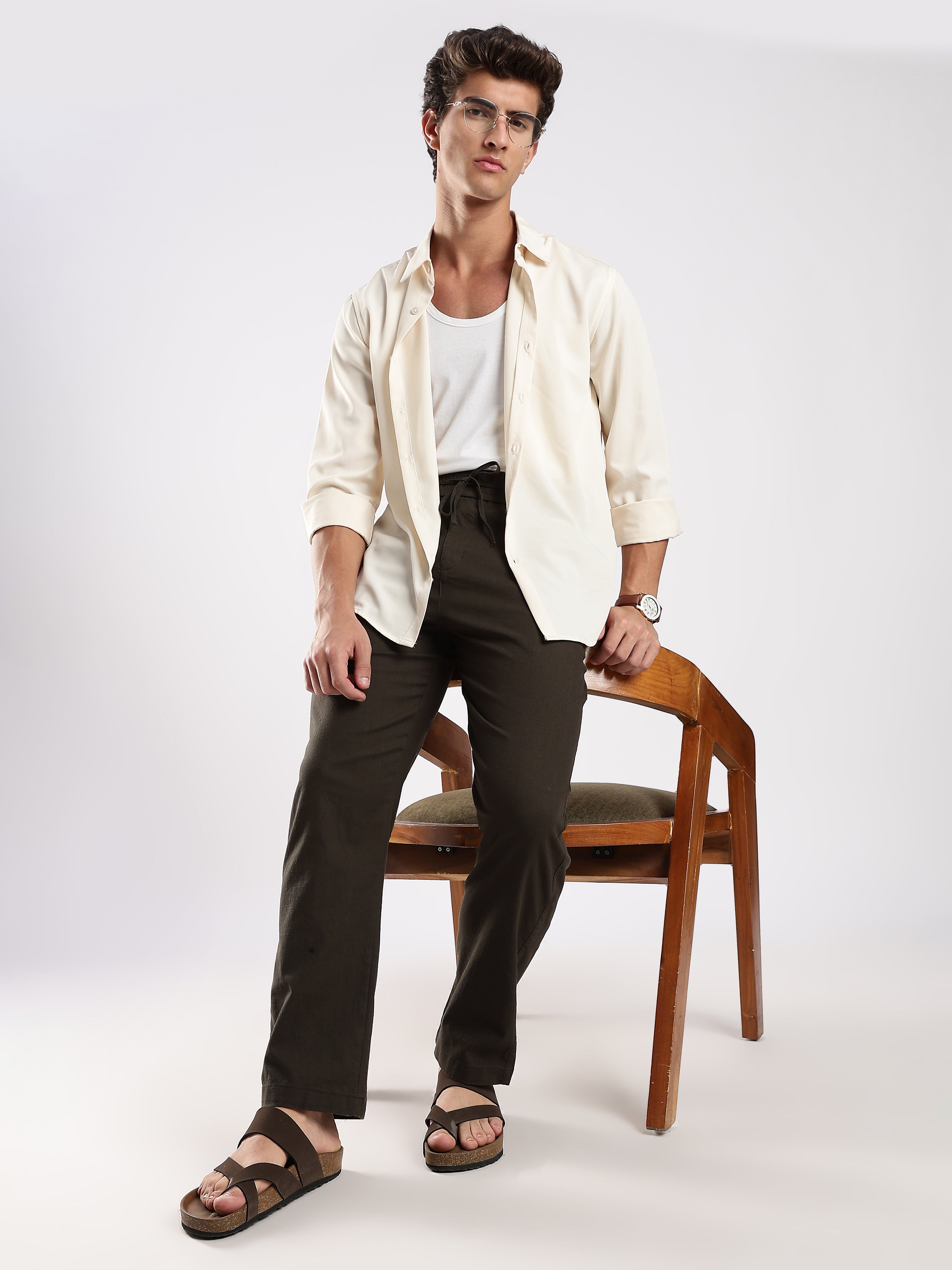 Dredge Men’s Dark Olive Linen Blend Relaxed Fit Casual Trousers