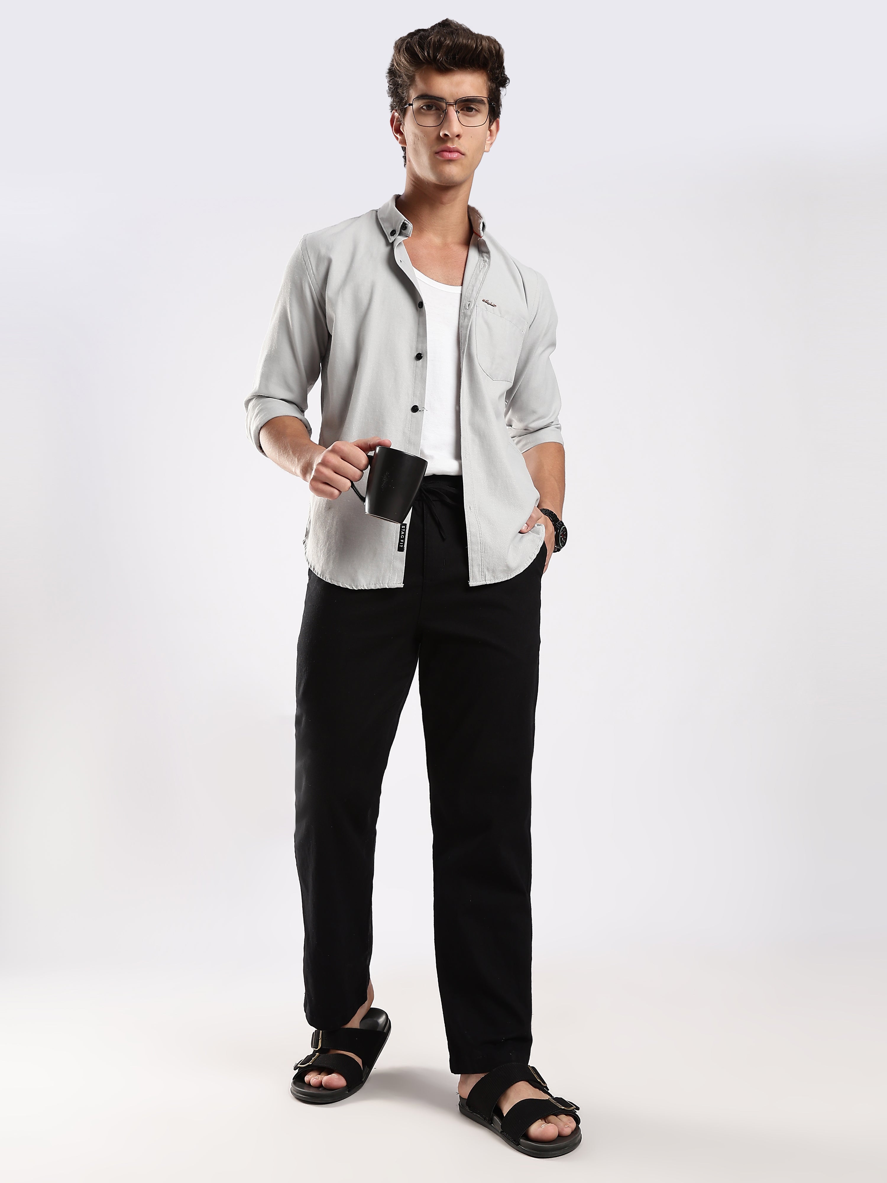 Dredge Men’s Black Linen Blend Relaxed Fit Casual Trousers