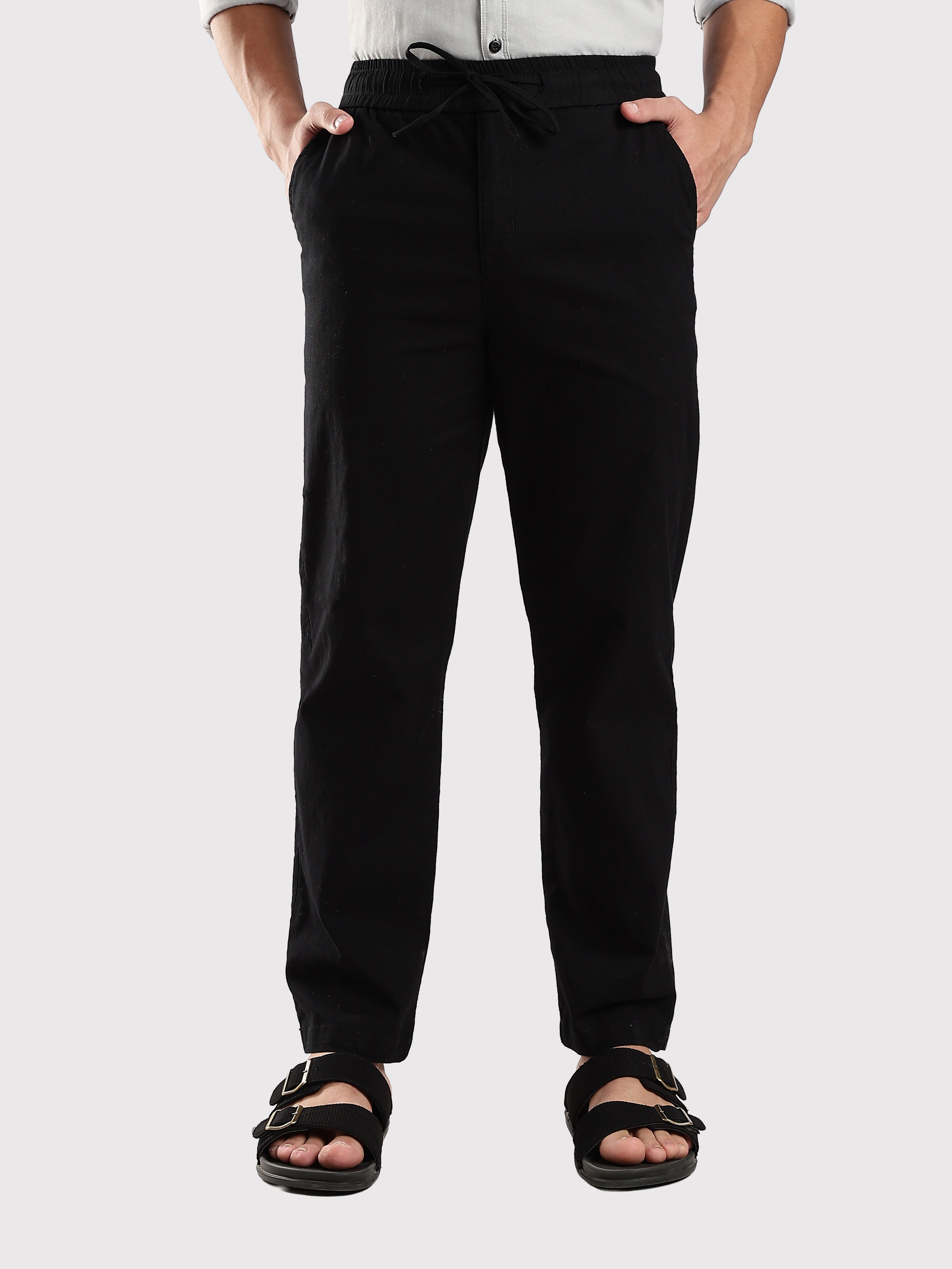 Dredge Men’s Black Linen Blend Relaxed Fit Casual Trousers