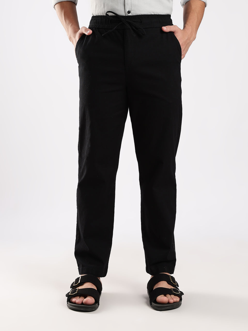 Dredge Men’s Black Linen Blend Relaxed Fit Casual Trousers