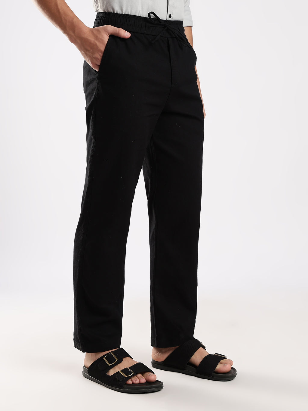 Dredge Men’s Black Linen Blend Relaxed Fit Casual Trousers