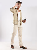 Dredge Men’s Beige Linen Blend Relaxed Fit Casual Trousers Dredge