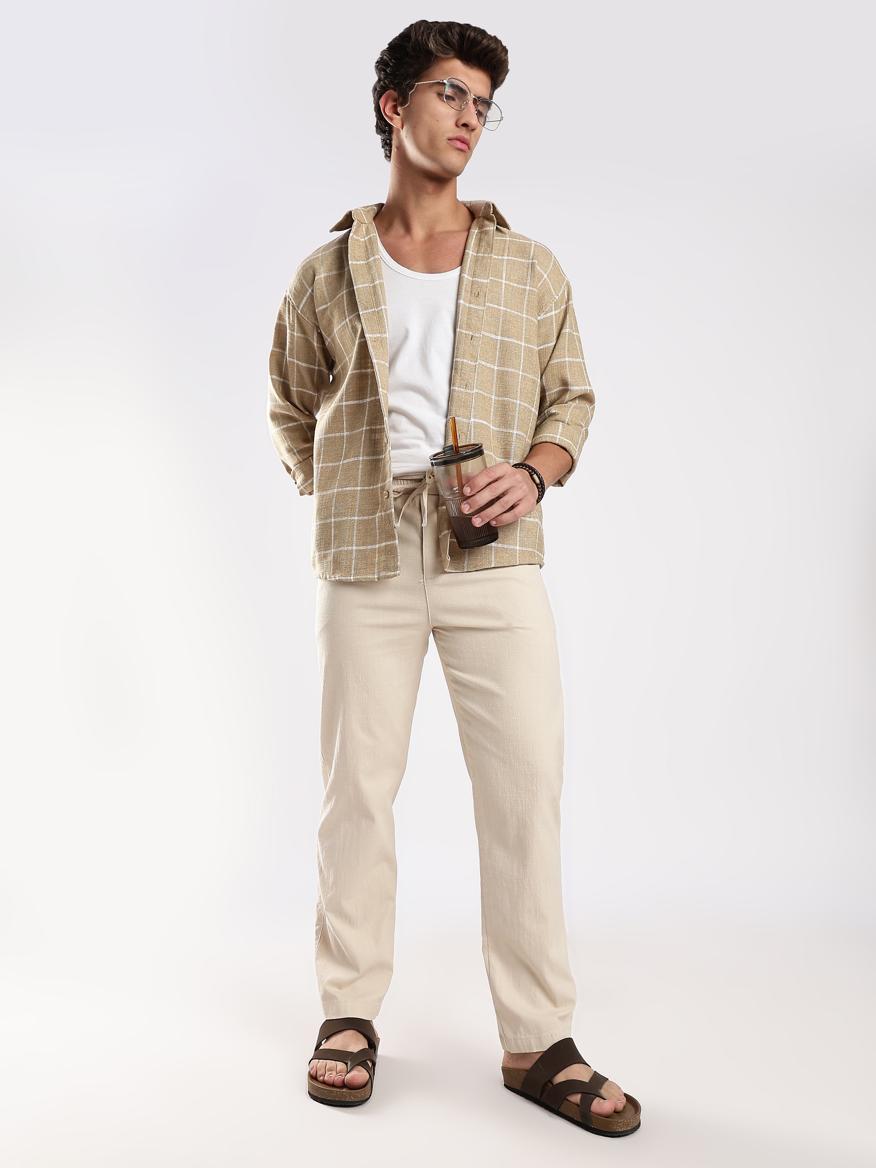 Dredge Men’s Beige Linen Blend Relaxed Fit Casual Trousers