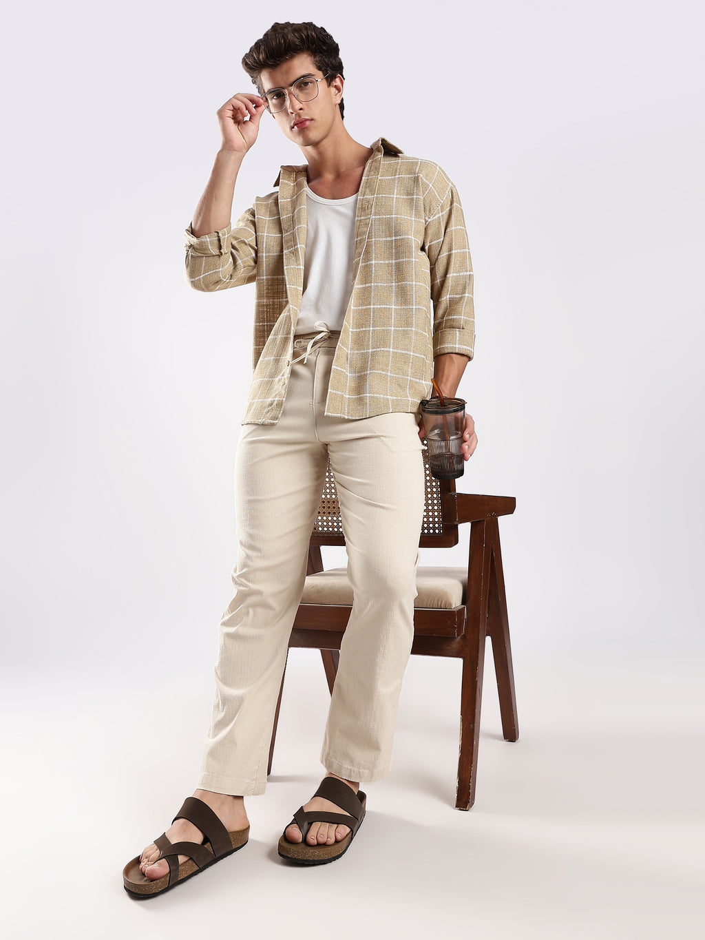 Dredge Men’s Beige Linen Blend Relaxed Fit Casual Trousers