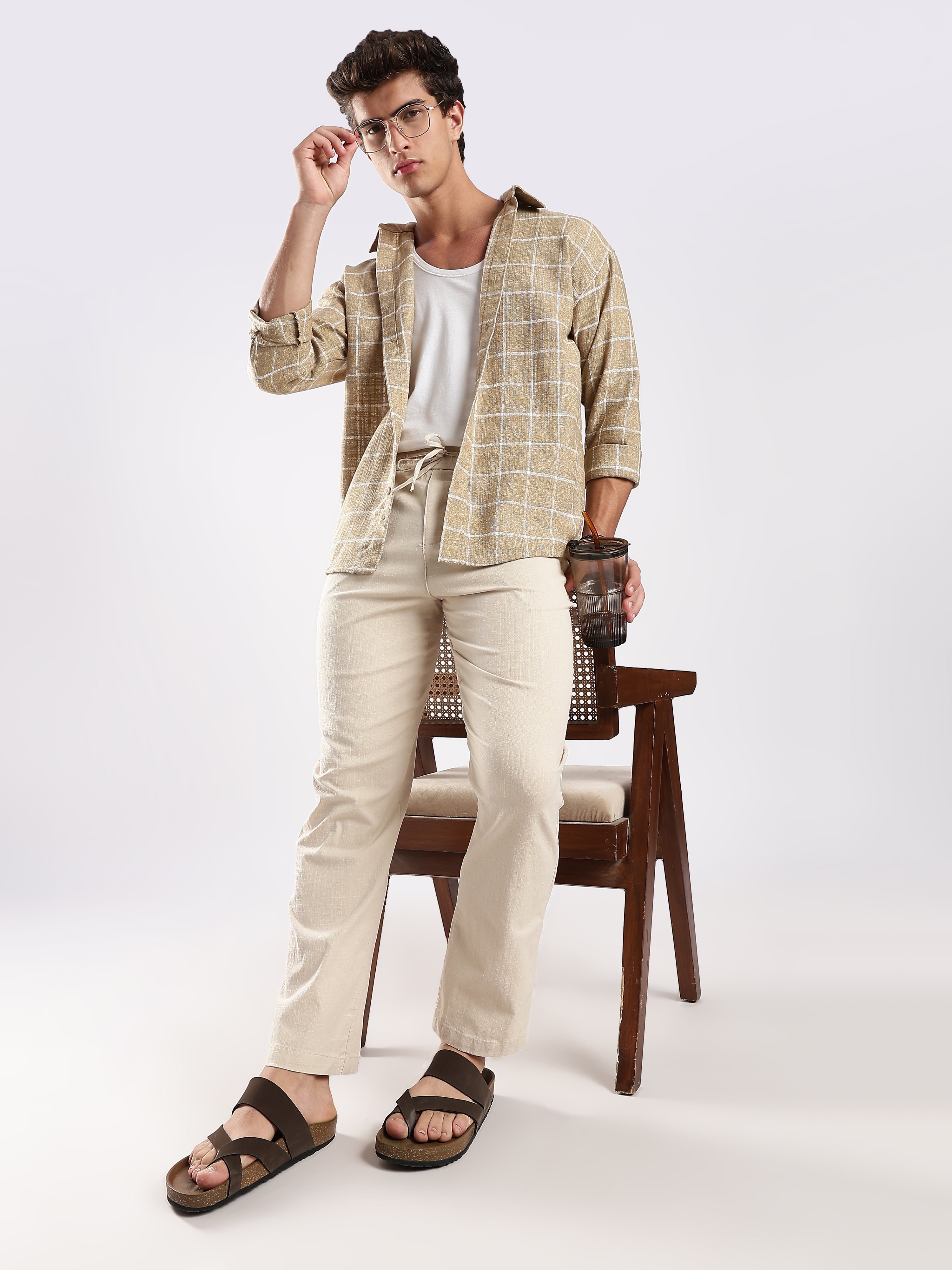 Dredge Men’s Beige Linen Blend Relaxed Fit Casual Trousers