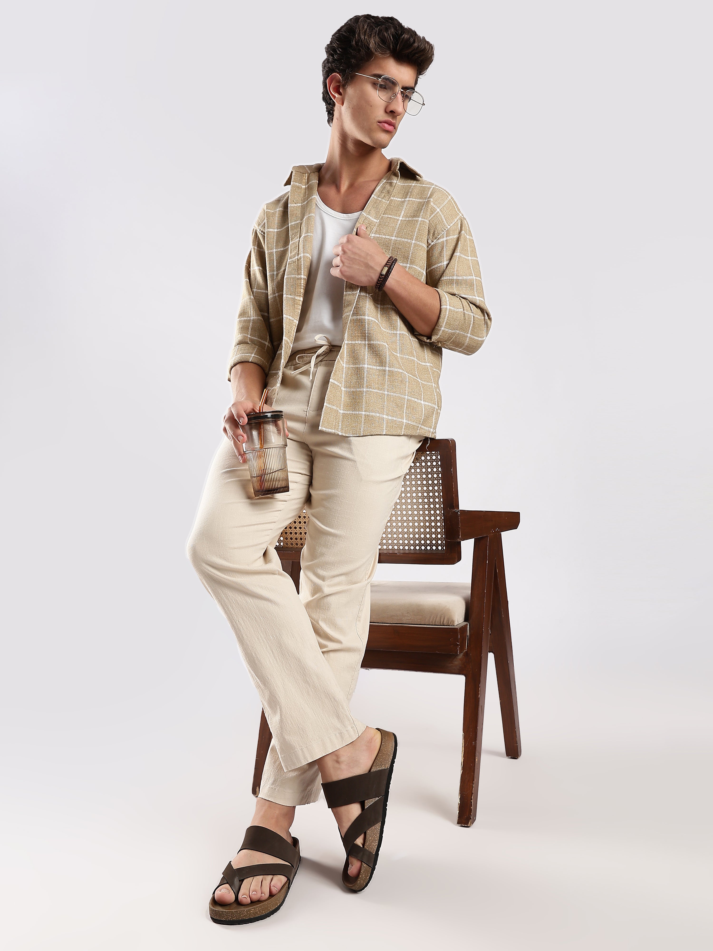 Dredge Men’s Beige Linen Blend Relaxed Fit Casual Trousers