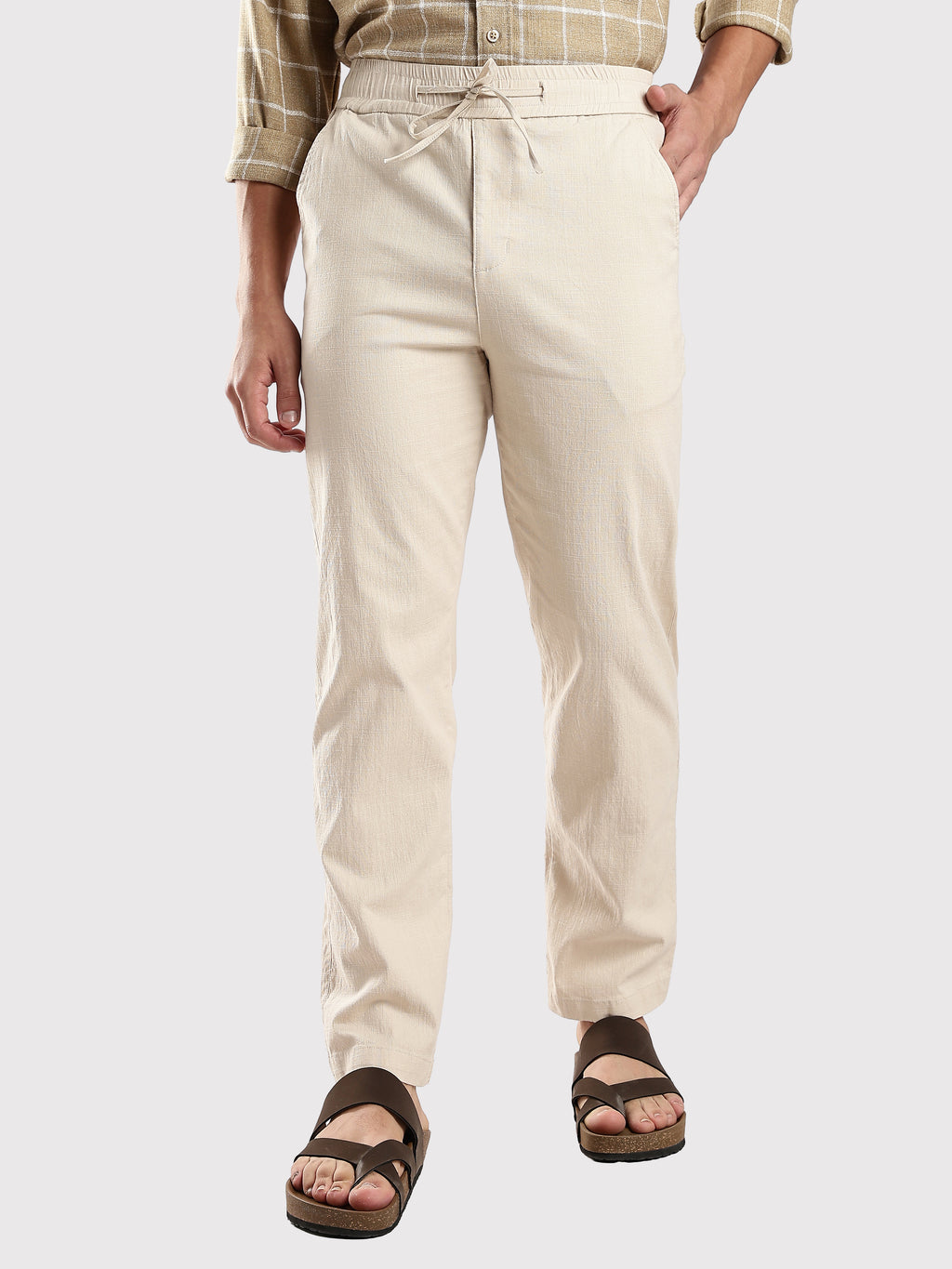 Dredge Men’s Beige Linen Blend Relaxed Fit Casual Trousers