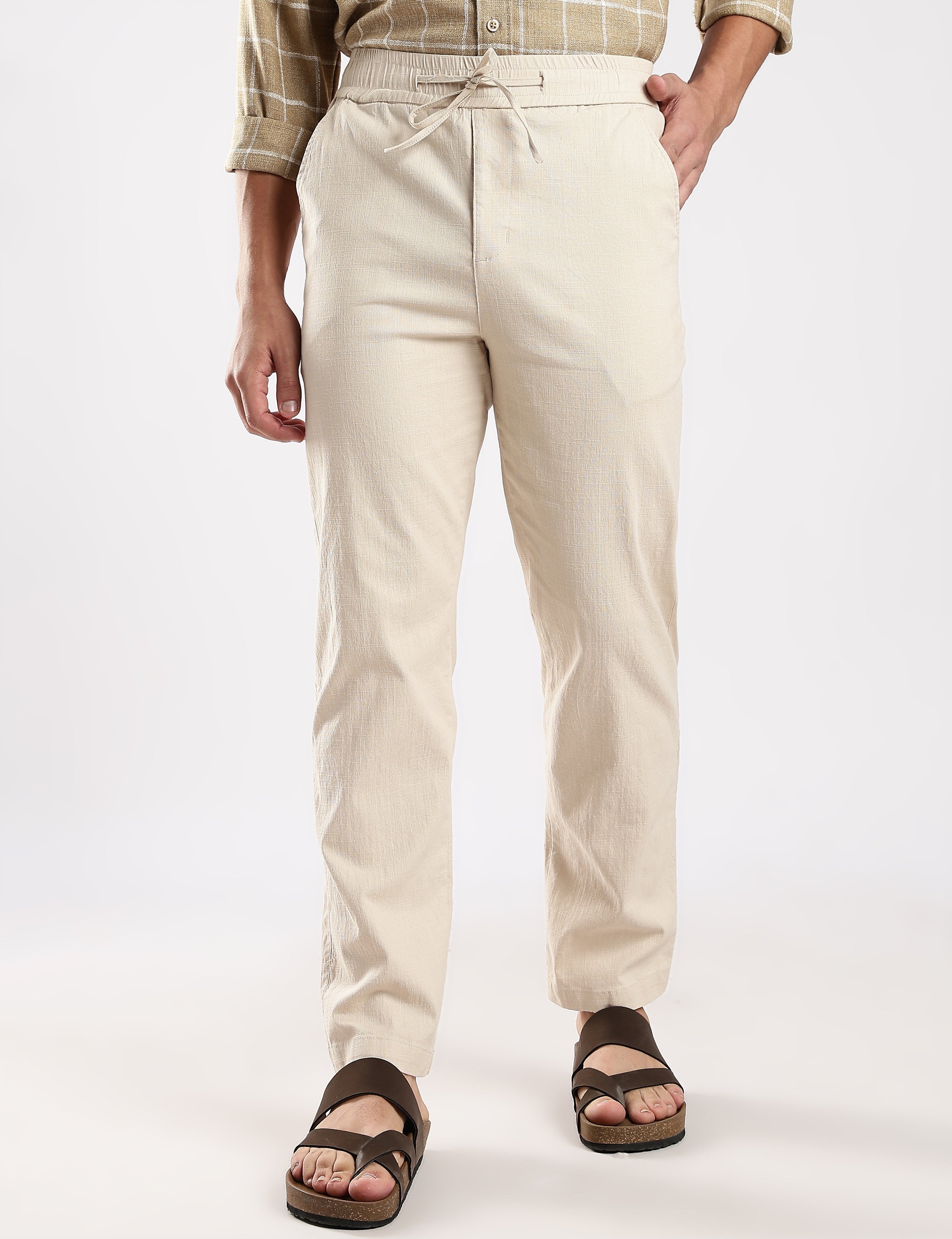 Dredge Men’s Beige Linen Blend Relaxed Fit Casual Trousers