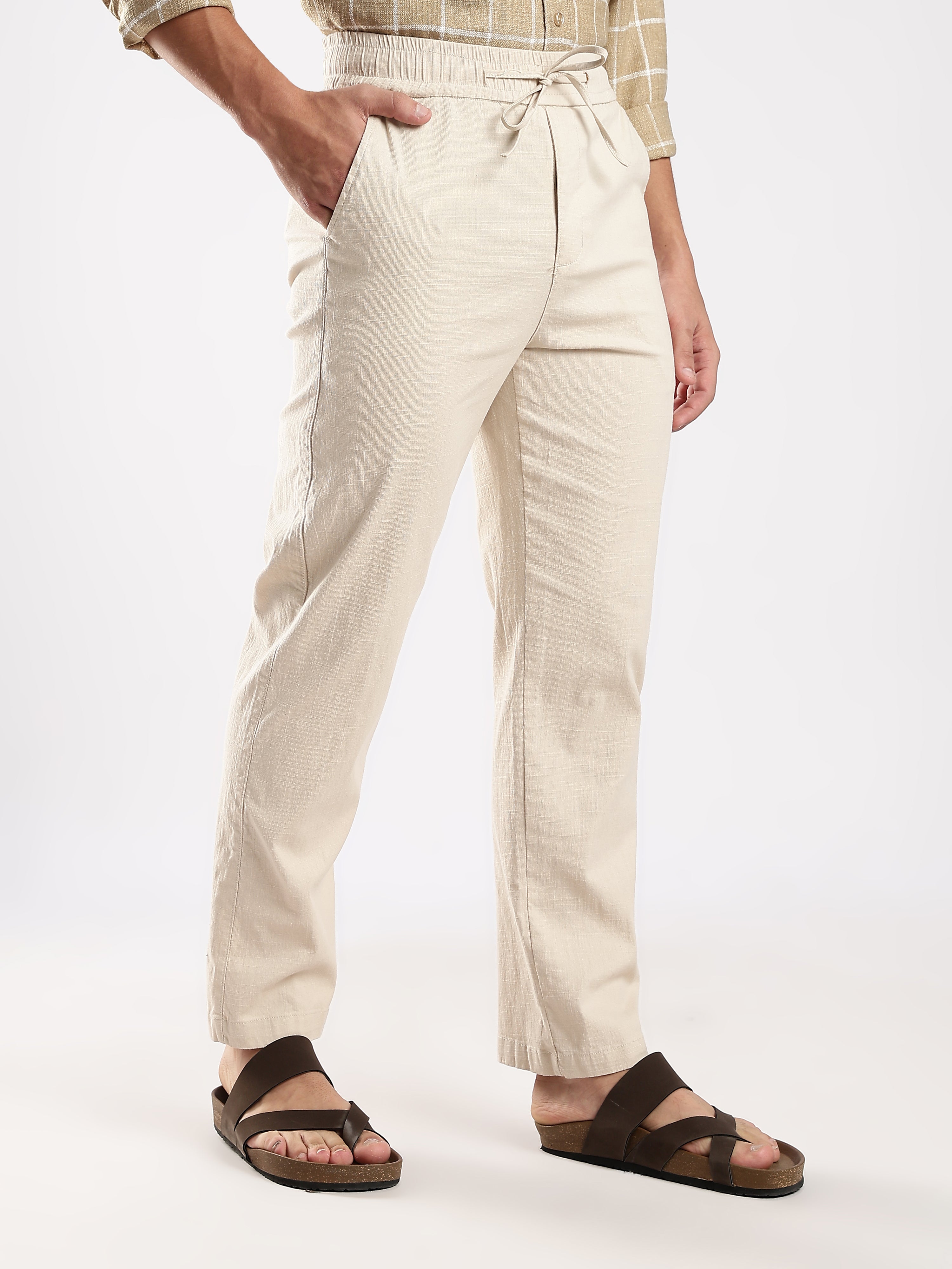 Dredge Men’s Beige Linen Blend Relaxed Fit Casual Trousers