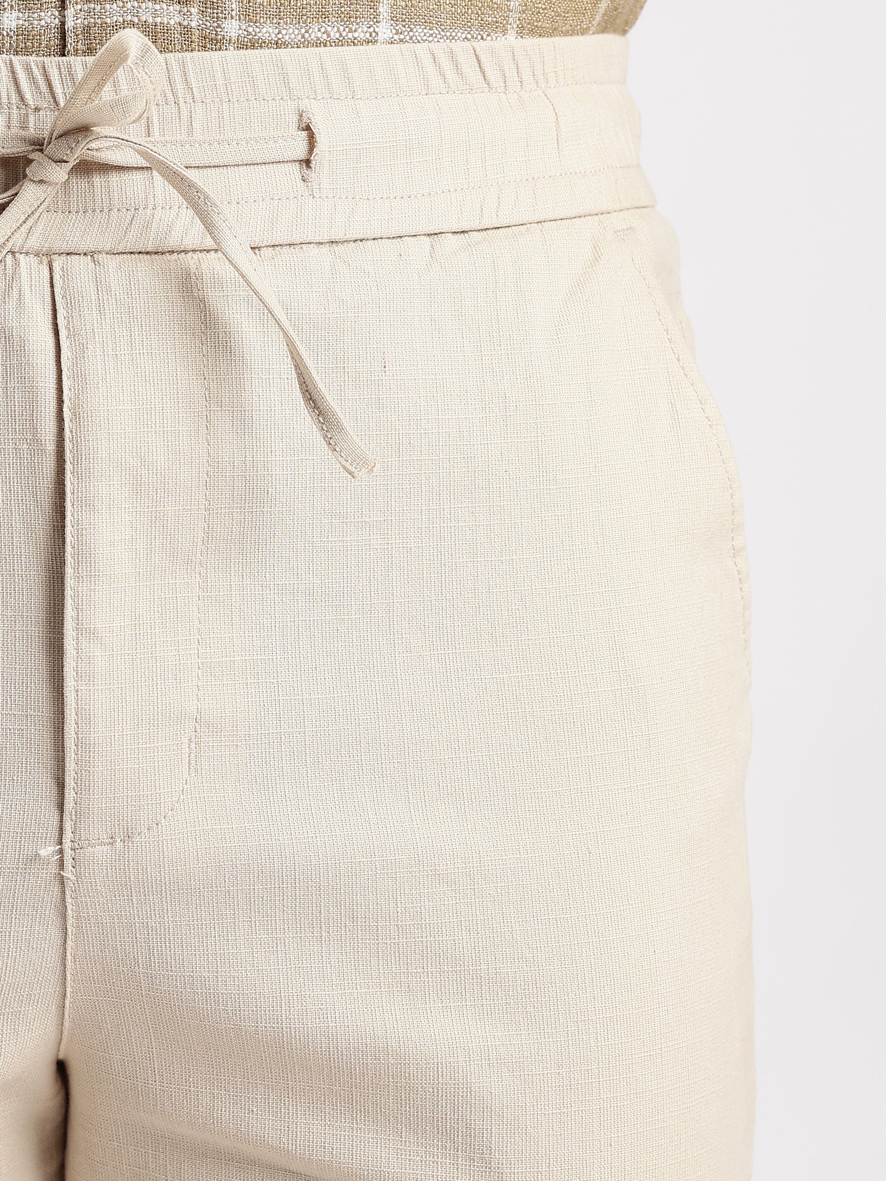 Dredge Men’s Beige Linen Blend Relaxed Fit Casual Trousers