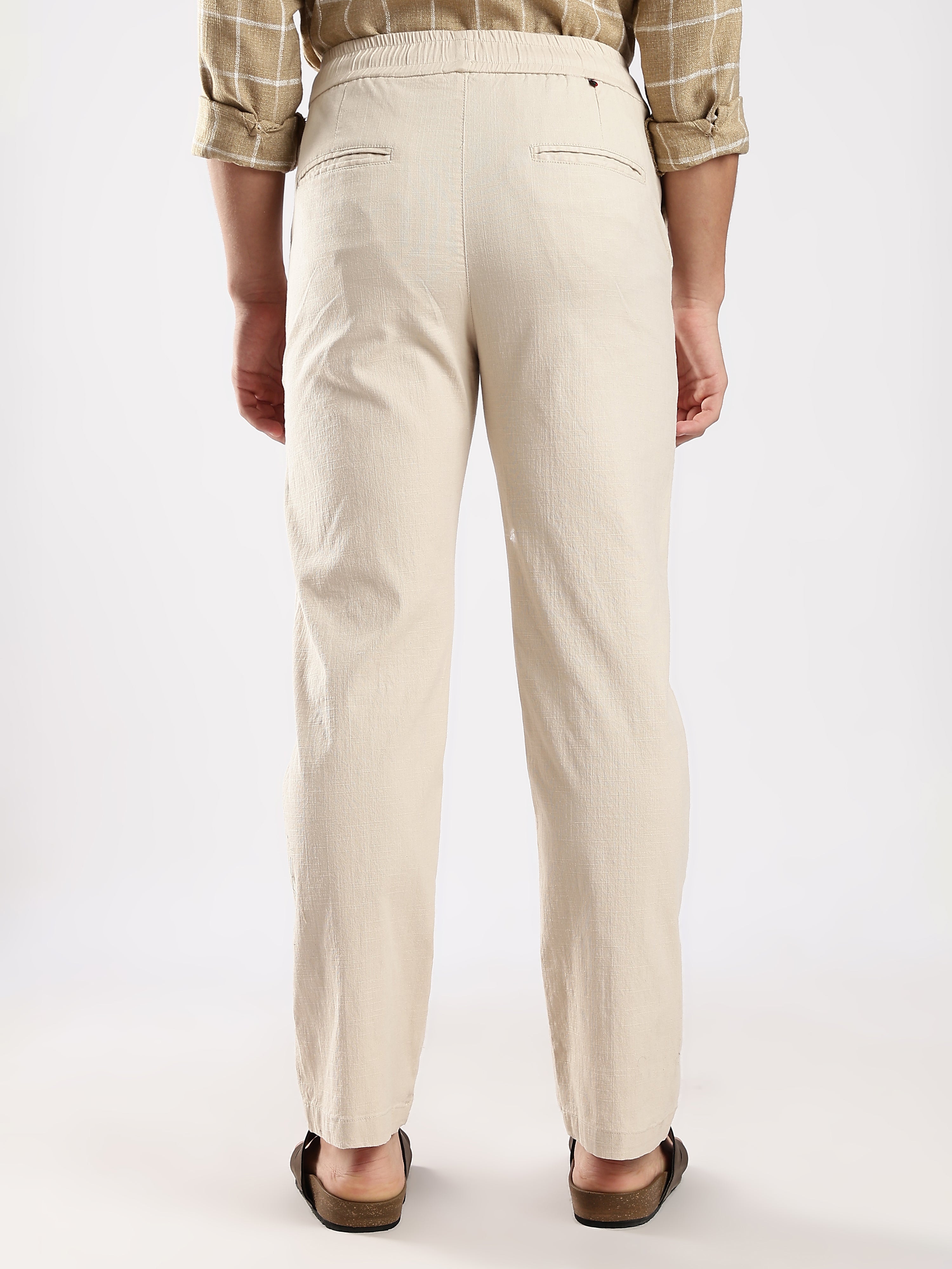 Dredge Men’s Beige Linen Blend Relaxed Fit Casual Trousers