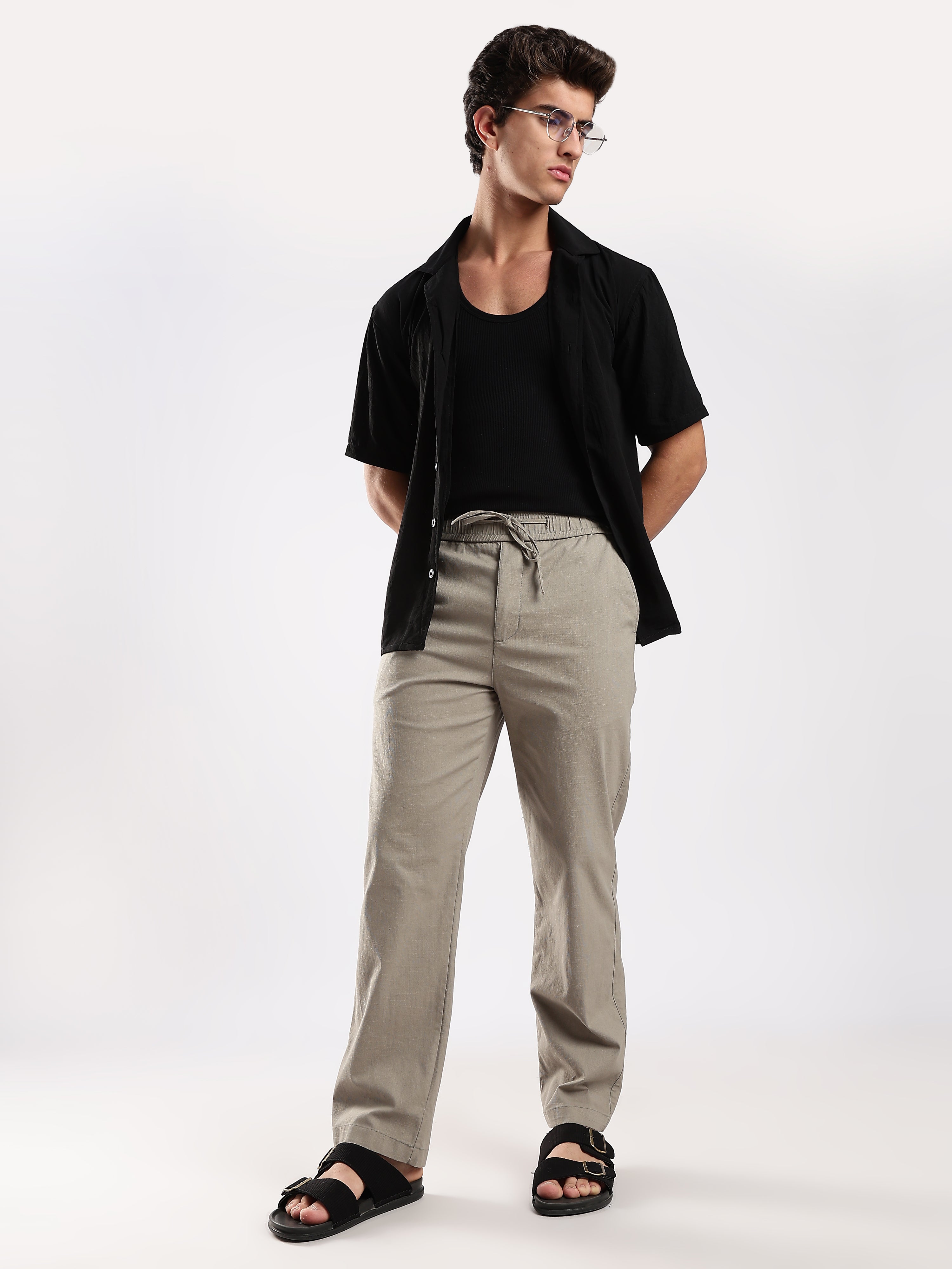 Dredge Men’s Light Olive Green Linen Blend Relaxed Fit Casual Trousers