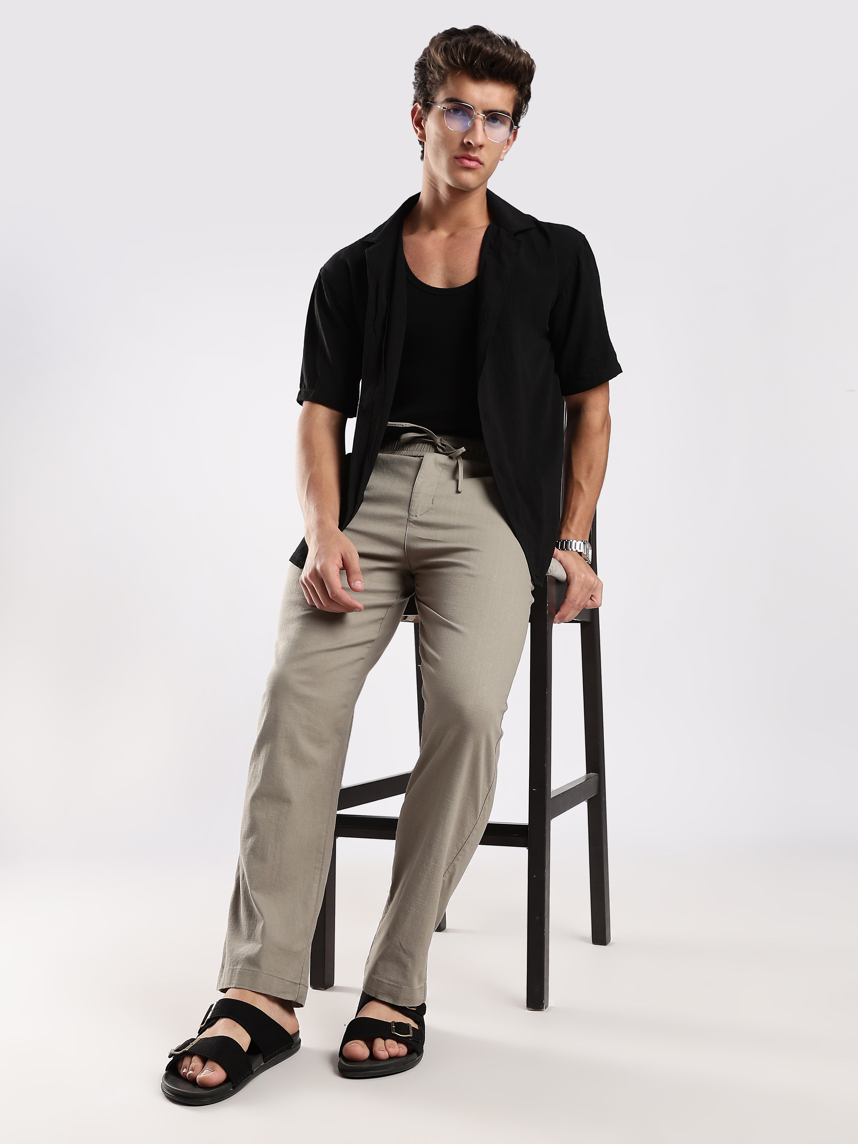 Dredge Men’s Light Olive Green Linen Blend Relaxed Fit Casual Trousers