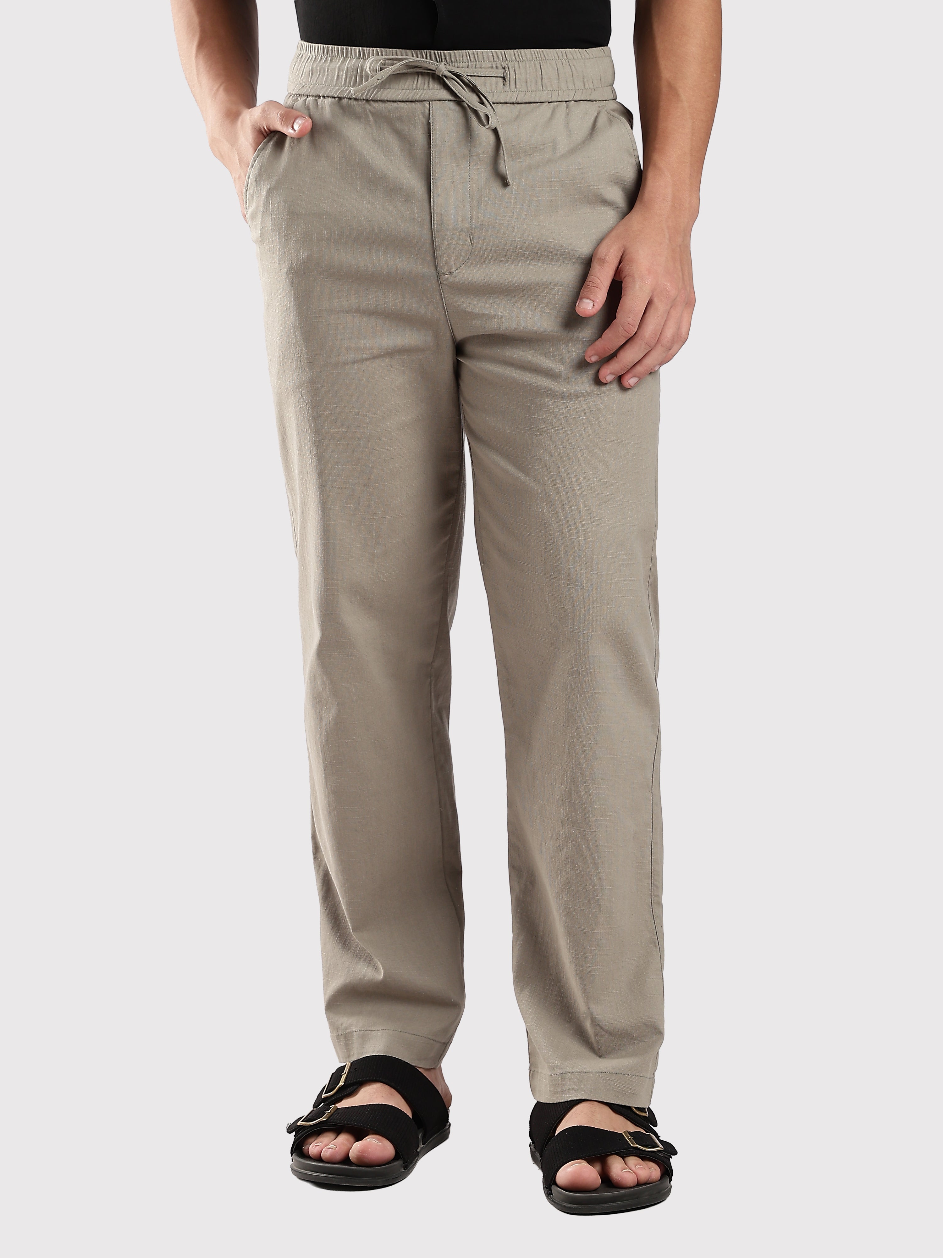 Dredge Men’s Light Olive Green Linen Blend Relaxed Fit Casual Trousers