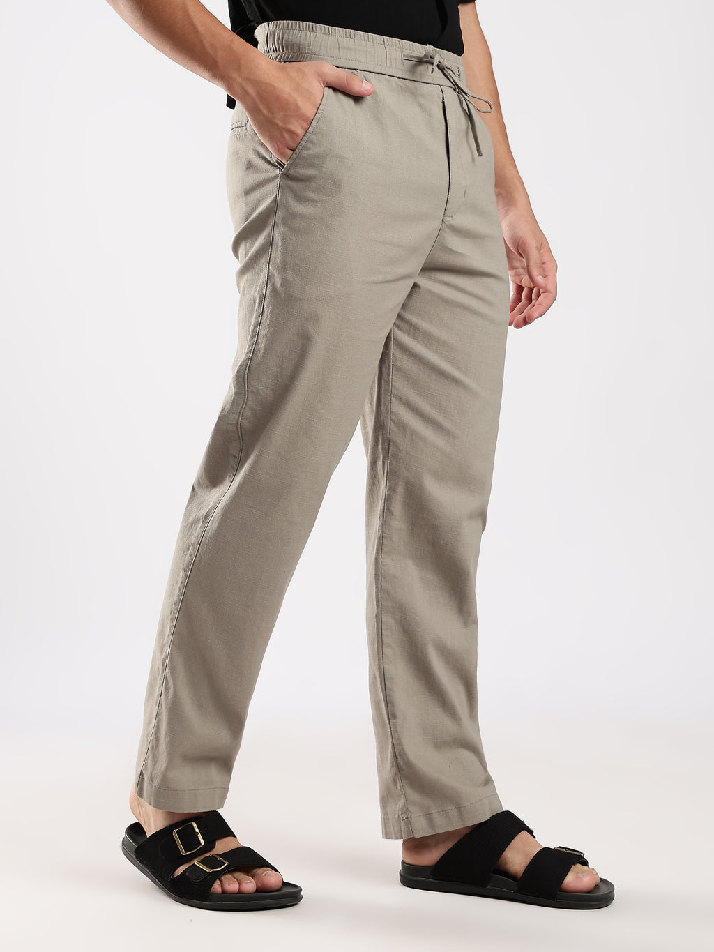 Dredge Men’s Light Olive Green Linen Blend Relaxed Fit Casual Trousers