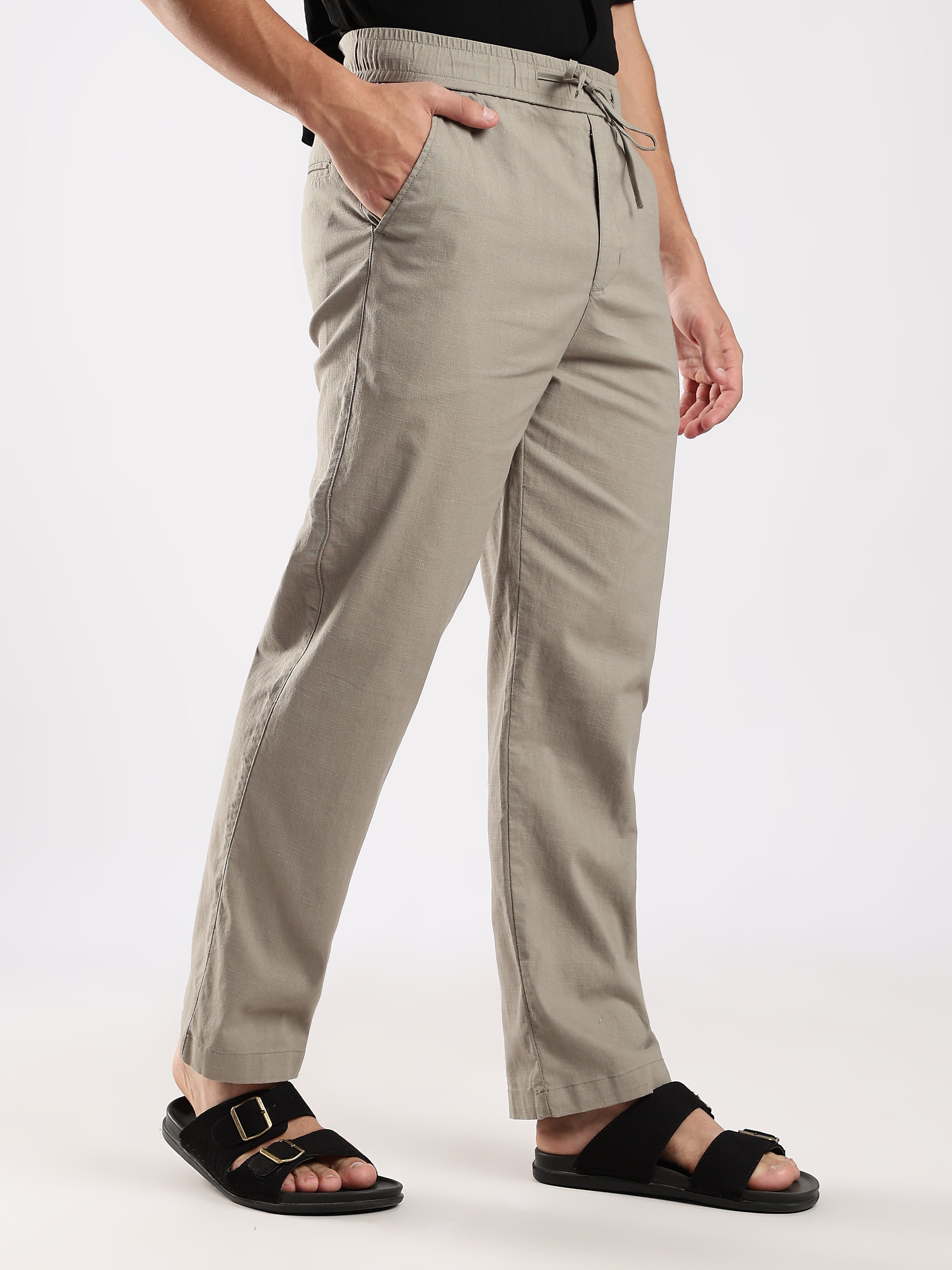 Dredge Men’s Light Olive Green Linen Blend Relaxed Fit Casual Trousers